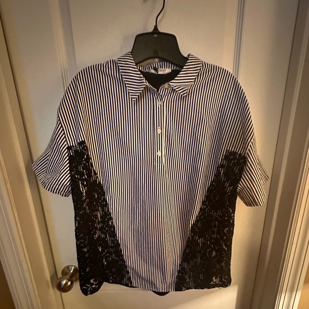 Black striped woman’s short sleeve shirt with lace 
New With Tags